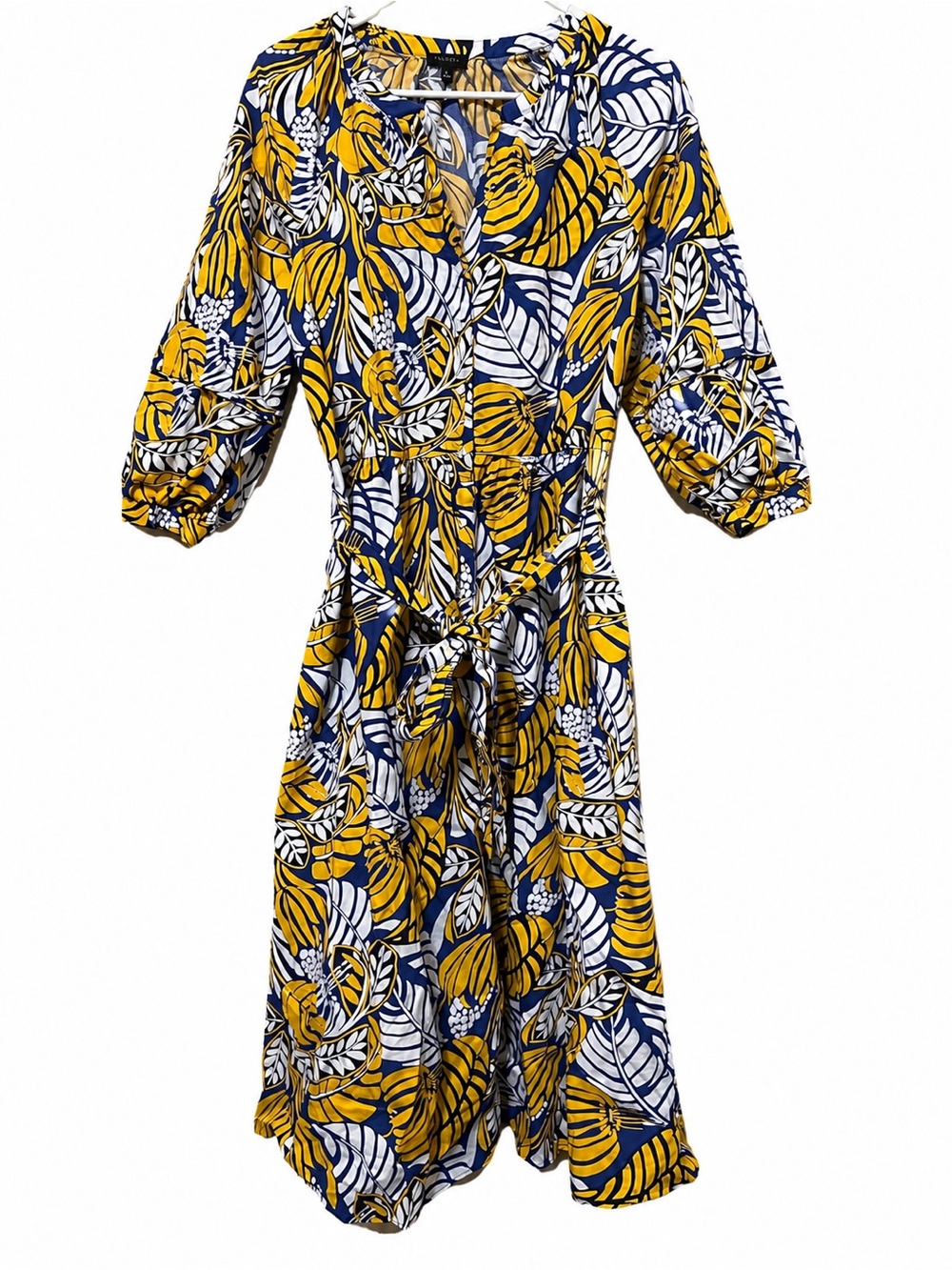 Talbots Leaf Print Tie Waist Midi Dress Women’s Size 12 Blue Yellow 3/4 Sleeve - Picture 4 of 7